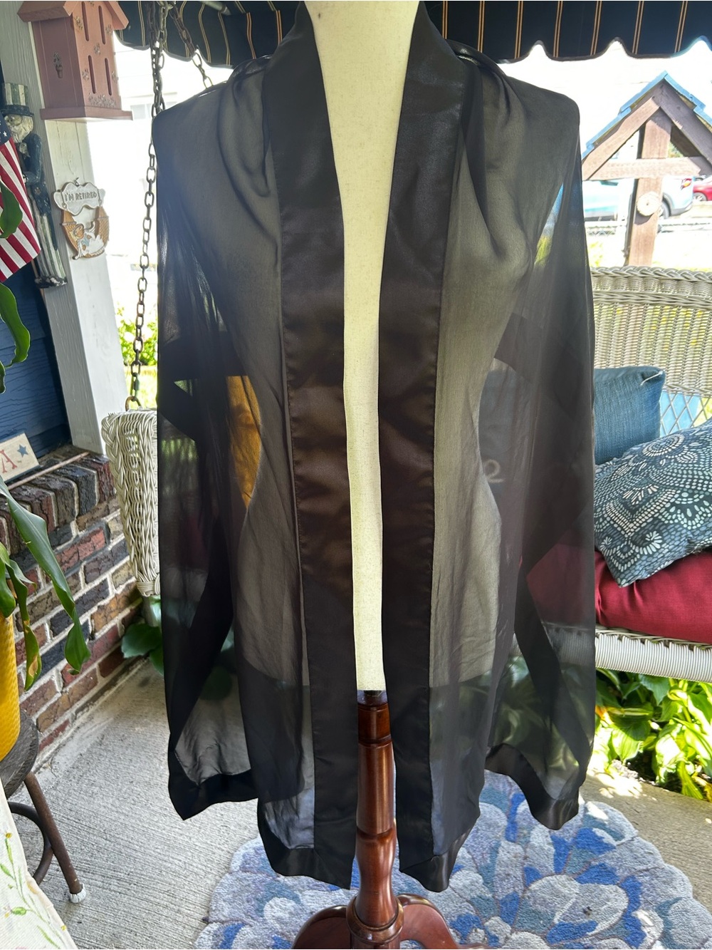 Sheer Black Satin-Trim Scarf Wrap